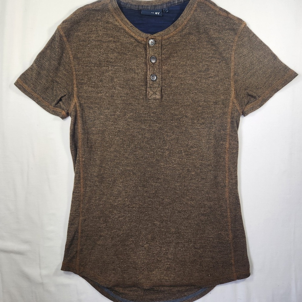 Kolby Mens‎ Brown Marled Textured Short Sleeve Henley Shirt Curved Hem Small